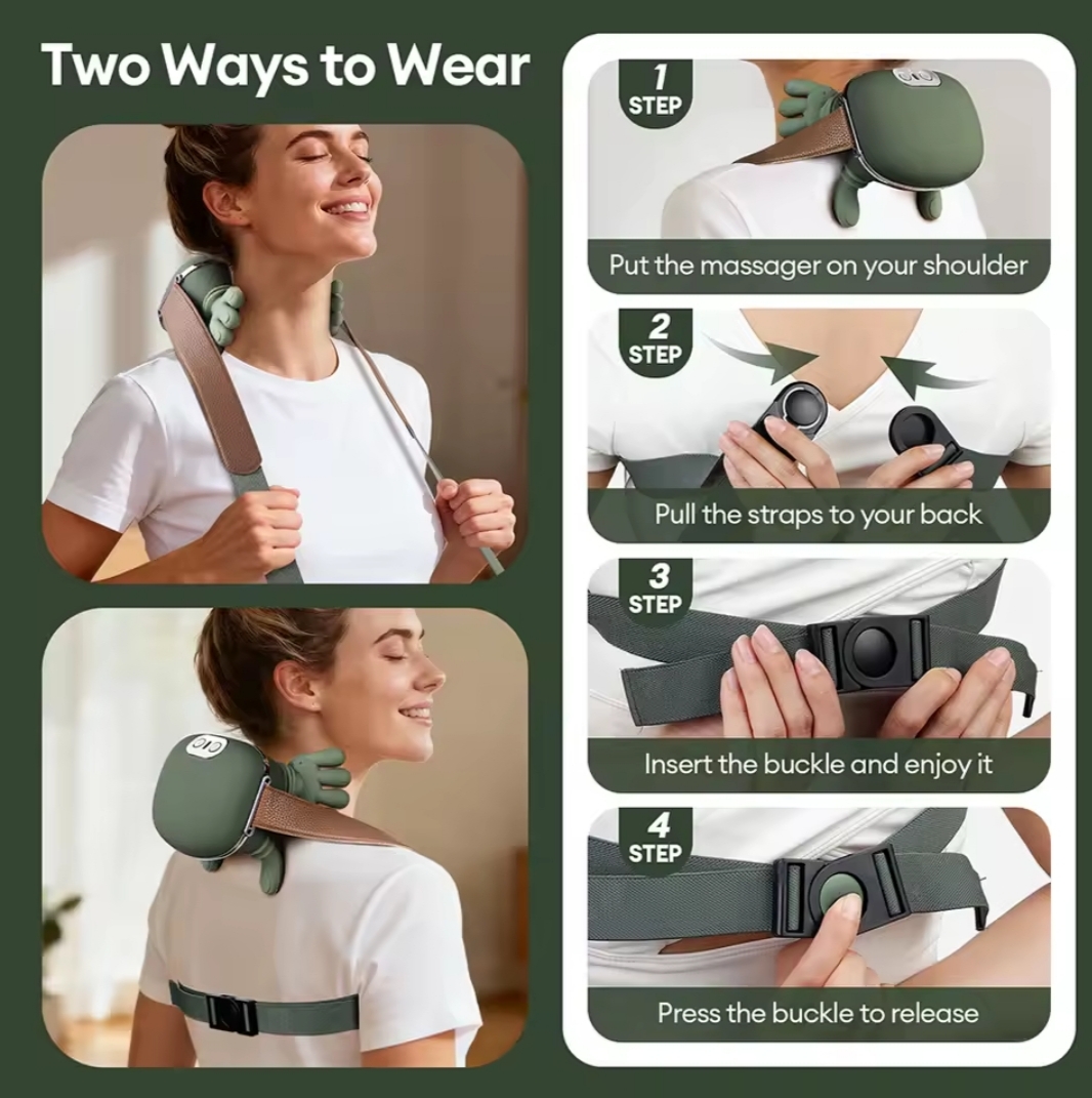 Neck and shoulder massager being worn hands-free